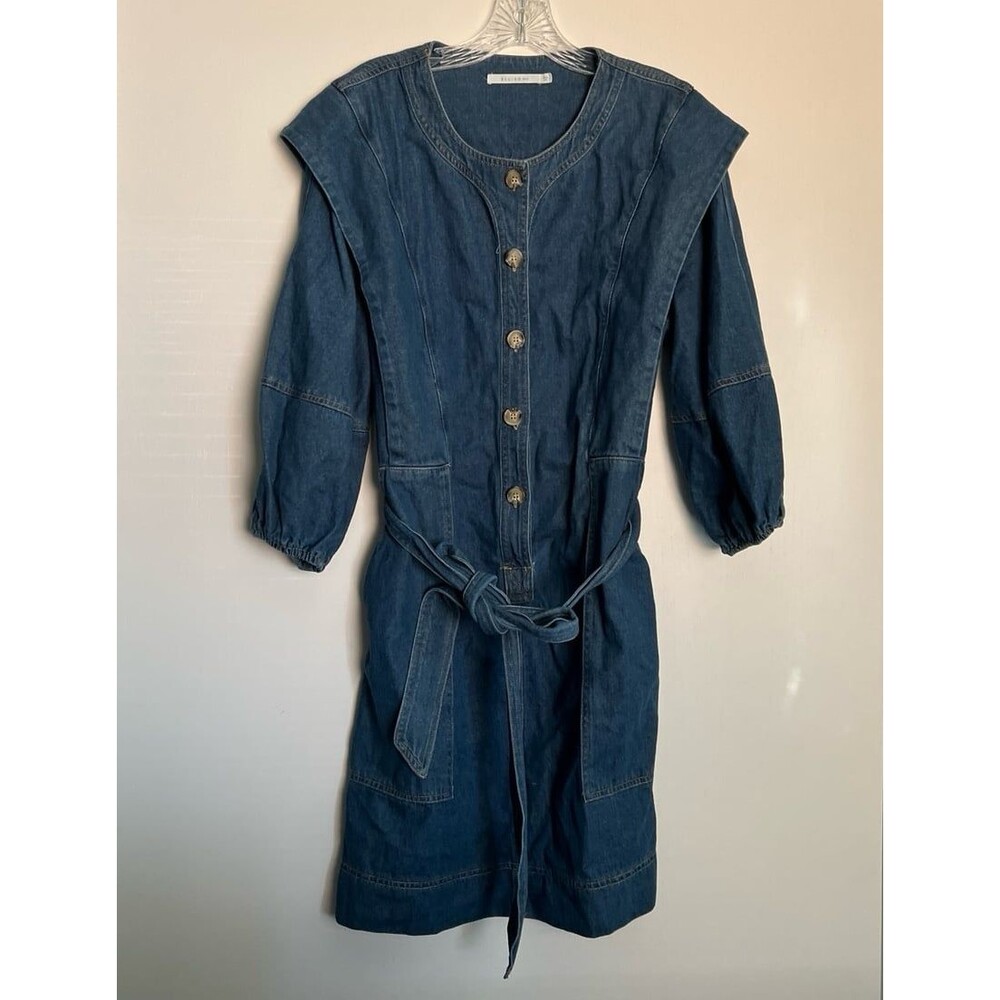 Reformation Ellison Denim Dress Midi Button Down belt tie large with pockets